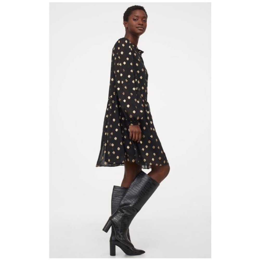 H&M Gold Foil Polka Dot Long Sleeve Sheer Mini Dress with Slip Liner